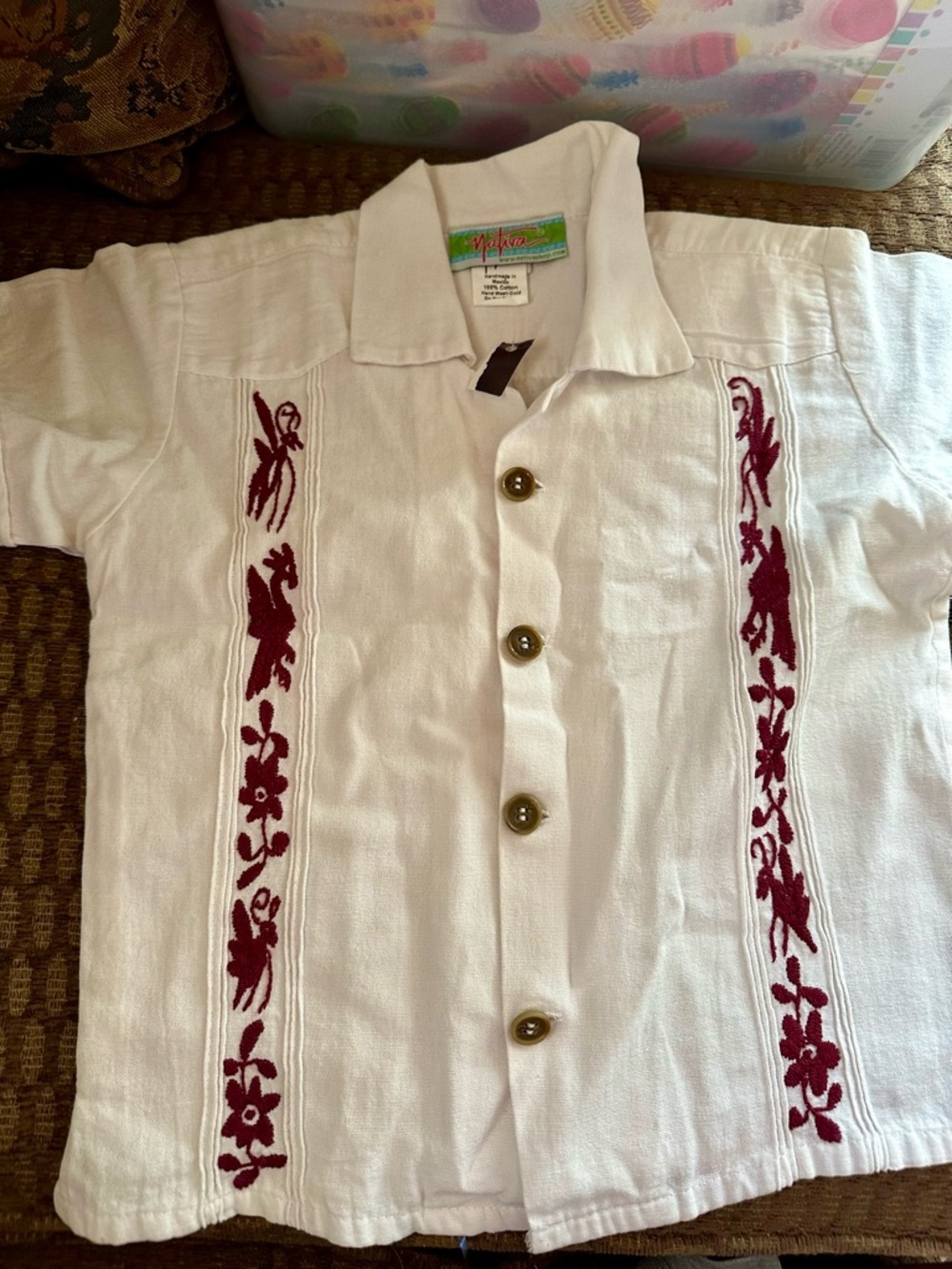 Boys Guayabera White Embroidered Button-Up Shirt with Red Floral Panels